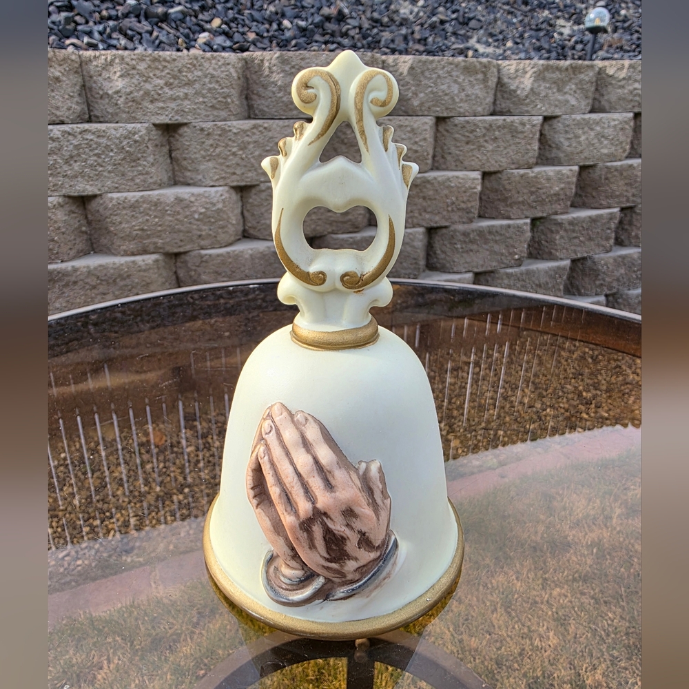 Homco Cream and Gold Jesus Praying Hands Vintage Bell